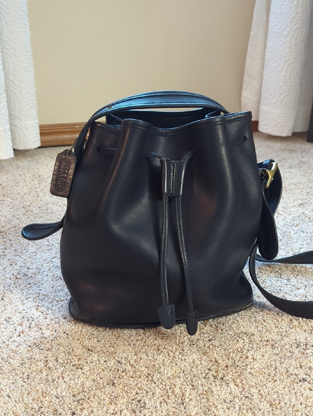 Coach Vintage Black Leather Drawstring Bucket Crossbody